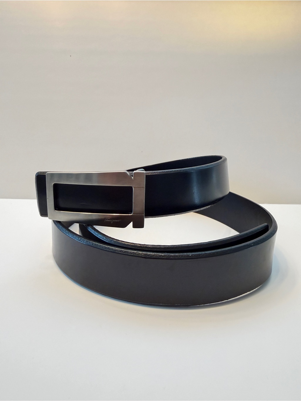 Salvatore Ferragamo Black Leather Belt With Silver Buckle, Size 38